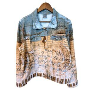 Dolcezza Simply Art Abstract Script Print Button Front Jacket Blue Tan Size XL